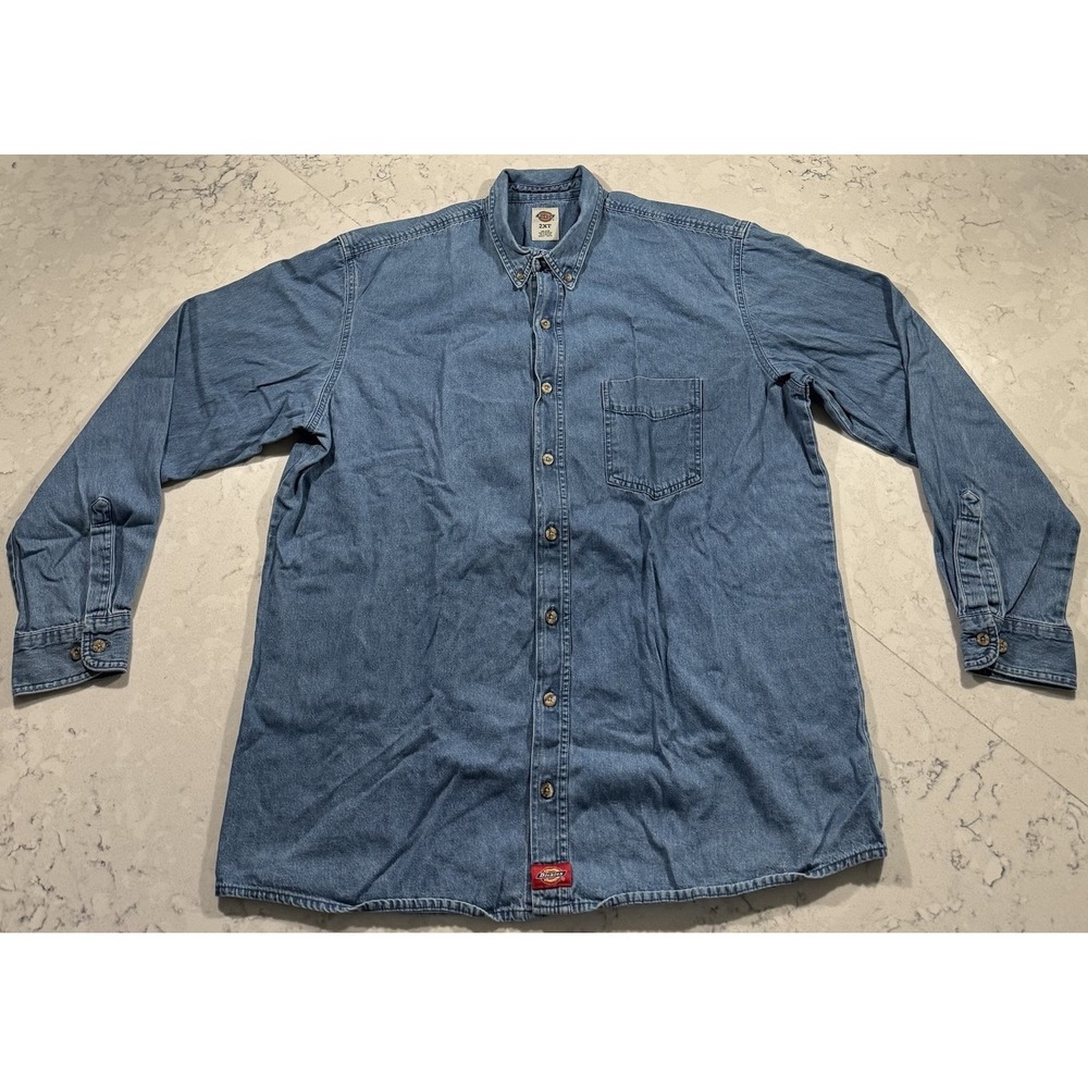 VTG Dickies Shirt Mens 2XT Blue Long Sleeve Button Down Heavyweight Workwear
